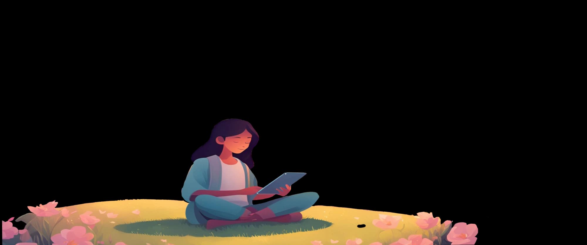 An illustration of a young woman sitting cross-legged on a flowering hillside, reading.
